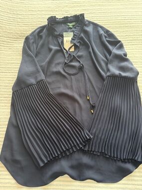 Lauren Ralph Lauren Navy Pleated Bell-Sleeve Blouse with Tie Neck